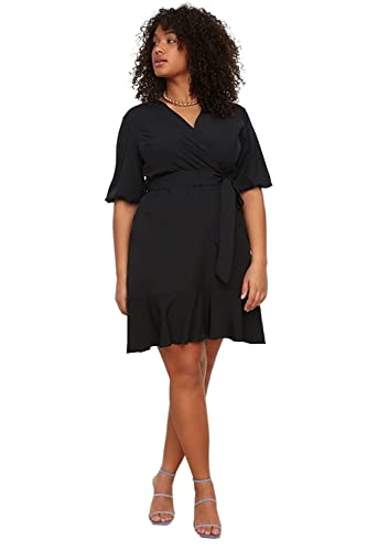 TRENDYOL Damen, Mini-Wickelkleid, lockere Passform, gewebt, Übergröße Kleid, Schwarz, 50 von TRENDYOL