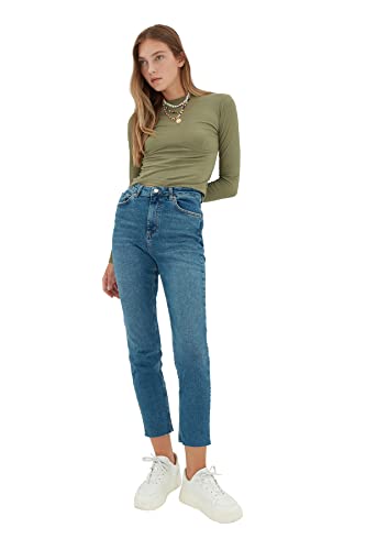 Trendyol Damen Trendyol Trophäe Gestrichelte Hohe Taille Slim Fit Jeans, Blau, 34 EU von TRENDYOL