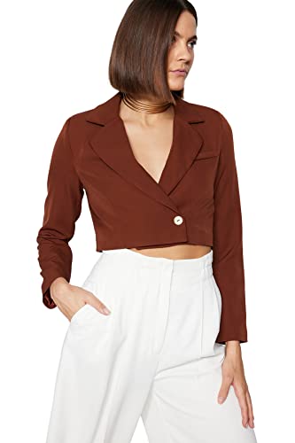 Trendyol Women's Damen Regular Basic Plain Webstoff Blazer Coat, Brown, 40 von TRENDYOL