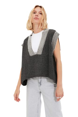 TRENDYOL Damen V-neck Plain Regular Vest Sweater, Anthracite, M EU von TRENDYOL