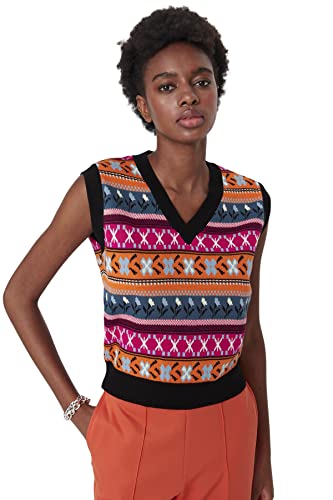 TRENDYOL Damen V-neck, Ethnic Pattern, Regular Knitted Vest Sweater, Schwarz, S EU von TRENDYOL