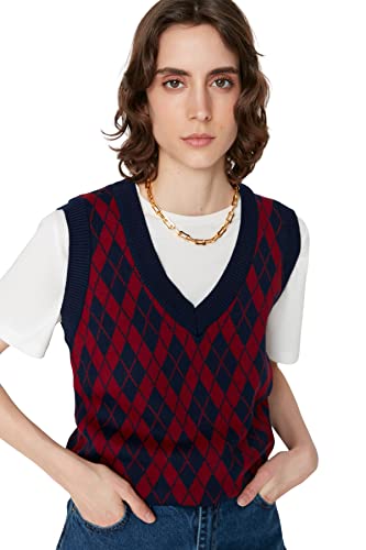 TRENDYOL Damen V-neck Diamond Pattern Regular Vest Sweater, Marineblau, S EU von TRENDYOL