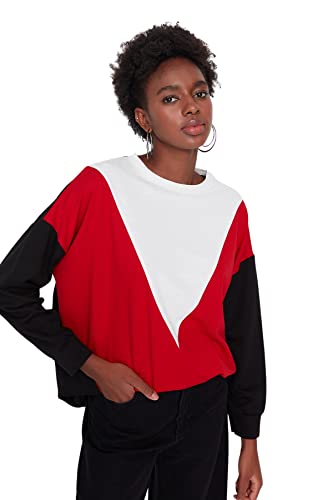 TRENDYOL Damen Rundhalsausschnitt, Colorblock-Schnitt Sweatshirt, rot, X-Large von TRENDYOL