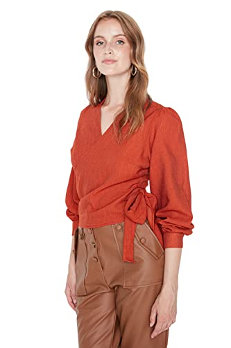 TRENDYOL Damen Zweireihig Unifarben Regular Bluse Shirt, Tile Red, 36 von TRENDYOL