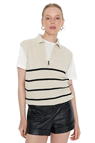 TRENDYOL Damen Striped Zip Detailed Knitwear Sweater, Beige, L EU von TRENDYOL