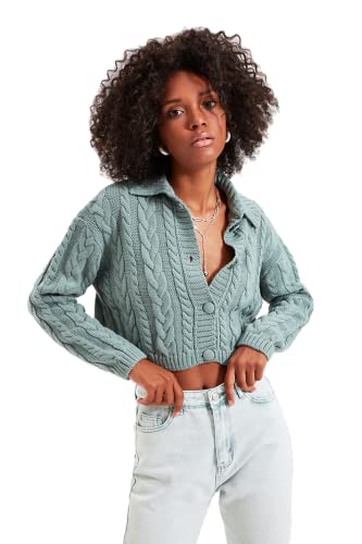 Trendyol Damen Ajouré Regular Cardigan mit Umlegekragen Pullover, Mint, S von TRENDYOL