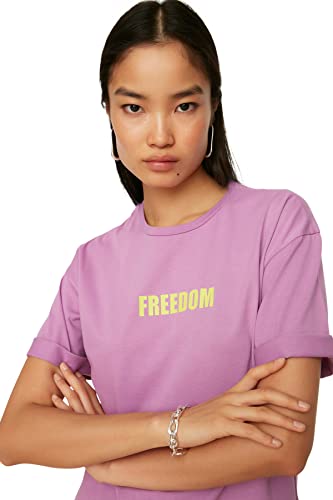 Trendyol Damen Lose Gestrickte T-shirt Gedruckt T Shirt, Lila, S EU von TRENDYOL