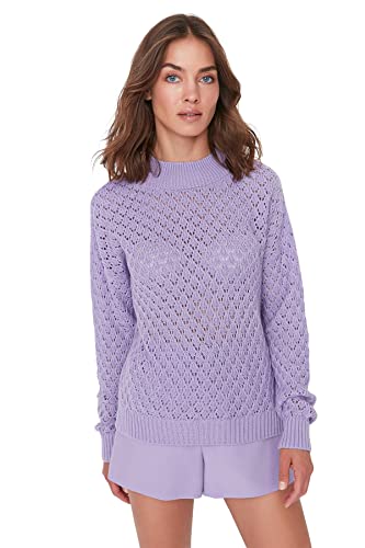 TRENDYOL Damen Ajouré Regular Sweater mit Rundhalsausschnitt Sweatshirt, Lila, S EU von TRENDYOL