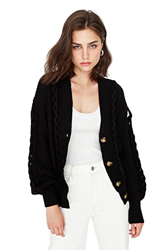 Trendyol Damen Strickjacke mit V-Ausschnitt und Zopfmuster Pullover, Schwarz, M von TRENDYOL