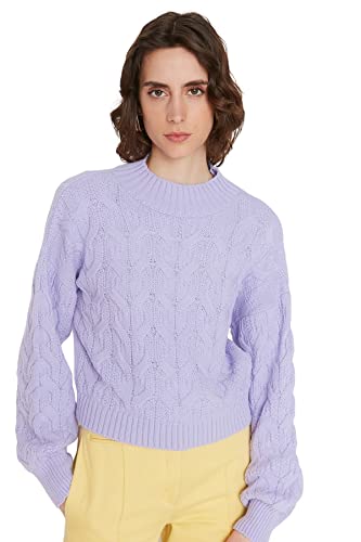 TRENDYOL Damen Gemusterter Pullover mit Hohem Ausschnitt Sweatshirt, Flieder, L von TRENDYOL