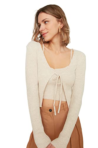 TRENDYOL Damen Trendyol Binding Detailed Blouse Knitwear Team Cardigan Sweater, Greige, S EU von TRENDYOL