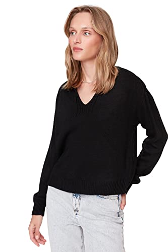 TRENDYOL Damen Einfarbiger Pullover mit V-ausschnitt Sweatshirt, Schwarz, M EU von TRENDYOL