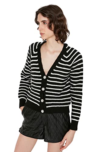 Trendyol Damen Gestreifte Strickjacke mit V-Ausschnitt Pullover, Schwarz, M von TRENDYOL