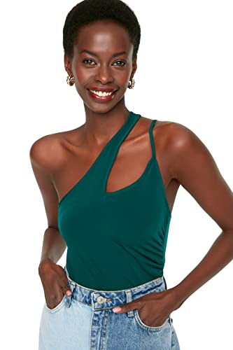 TRENDYOL Damen Women Asymmetrical Collar Knit Blouse Slim Fit Basic Strickbluse mit asymmetrischem Kragen, Emerald, L von TRENDYOL