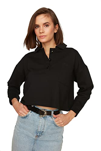 TRENDYOL Damen Black Polo Collar Crop Shardone Knittone Sweatshirt, Schwarz, XL EU von TRENDYOL