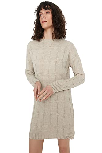 TRENDYOL Damen Trendyol Woman Regular Standard Crew Neck Knitwear Dress, Greige, M EU von TRENDYOL