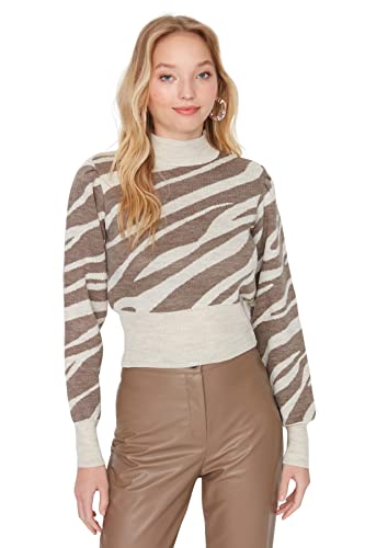 TRENDYOL Damen Rollkragenpullover mit Tiermuster Sweatshirt, Hellbraun, S EU von TRENDYOL