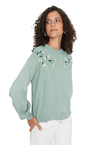 Trendyol Damen Pullover mit Rundhalsausschnitt, Blumenmuster Sweatshirt, Mint, M von TRENDYOL