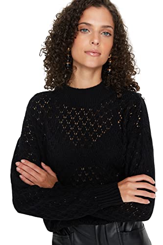 TRENDYOL Damen Ajouré Regular Crew Neck Sweater Sweatshirt, Schwarz, S EU von TRENDYOL