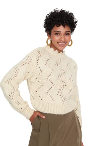 TRENDYOL Damen Stand-up Collar Ajouré Regular Sweater Sweatshirt, Ecru, S EU von TRENDYOL