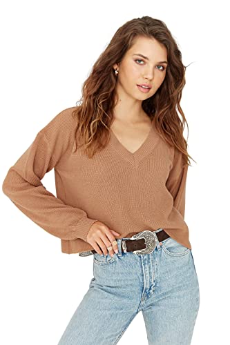 Trendyol Damen V-Ausschnitt Einfarbig Oversize Sweater Sweatshirt, Kamel, M Trendyol Damen V-Ausschnitt Einfarbig Oversize Sweater Sweatshirt, Kamel, M von TRENDYOL