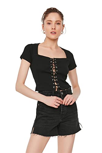 Trendyol Damen Ticker Quadrat Collar Crop Gestrickte Bluse Blouse, Schwarz, M EU von TRENDYOL