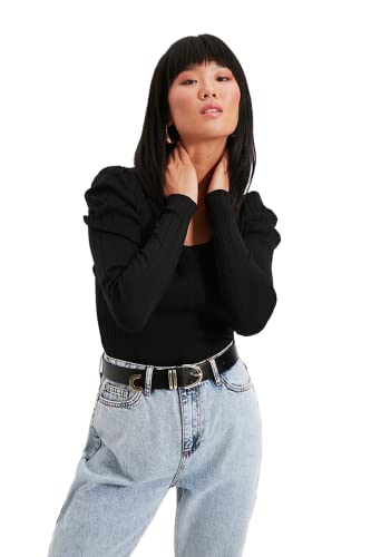 Trendyol Damen Einfarbiger Pullover mit quadratischem Kragen Sweatshirt, Schwarz, M von TRENDYOL