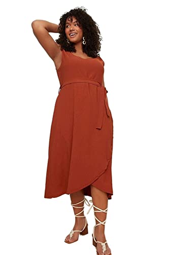 Trendyol Damen, Mini-Wickelkleid, Normale Passform, Strickkleid, Übergröße Kleid, Orange, 4XL Größen von TRENDYOL