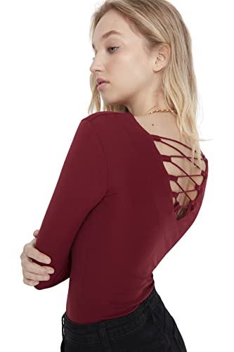 Trendyol Damen Woman Slim Bodycon V Neck Knit Bodysuit Hemd, Burgundy, Large von TRENDYOL