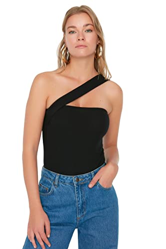 TRENDYOL Damen Trendyol Women's Fitted Off-shoulder Asymmetrical Collar Knit Bodysuit Hemd, Schwarz, S EU von TRENDYOL