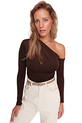 Trendyol Damen Woman Fitted Asymmetric Asymmetrical Collar Knit Bodysuit Hemd, Brown, X-Small von TRENDYOL