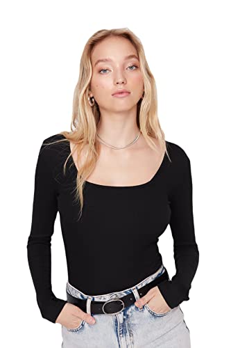 TRENDYOL Damen Tiefer Rundhals Unifarben Slim Body T-Shirt, Schwarz, L von TRENDYOL