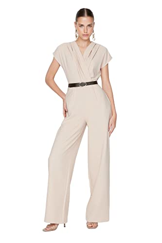 TRENDYOL Damen Einfarbig Gewölbt Detailliert Gewebter Jumpsuit Overall, Beige, 60 von TRENDYOL