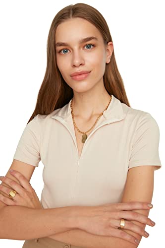 Trendyol Damen Zip, Steep Collar, Snap Knitted Body T Shirt, Stone, L EU von TRENDYOL