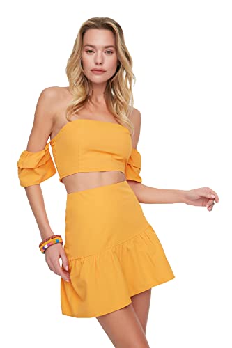 TRENDYOL Damen Carmen kraag volume popeline onderaan top pak Skirt Set, Orange, 40 EU von TRENDYOL