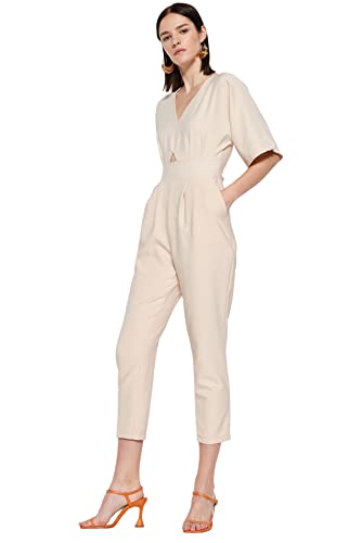 TRENDYOL Damen Women Regular Fit V Neck Woven Jumpsuit Overall, Felsen, 36 von TRENDYOL