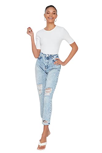 TRENDYOL Damen Torn Detailed High Waist Mom Jeans, Blau, 36 EU von TRENDYOL