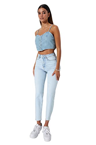 TRENDYOL Damen Trendyol Woman High Waist Straight Leg Mom Jeans Jeans Täglich, Hellblau, 40 von TRENDYOL
