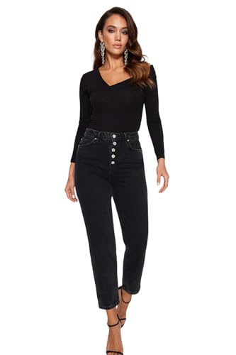 TRENDYOL Damen Gerade Mama Hohe Taille Jeans, Schwarz, 36 von TRENDYOL