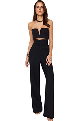 Trendyol Women's Damen Gerade Weites Bein Hohe Taille Hose Pants, Black, 38 von TRENDYOL