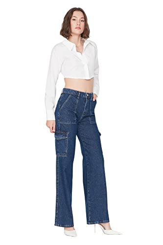 TRENDYOL Damen Herren Hoher Bund Wide Leg Jeans, Navy Blue, 36 von TRENDYOL