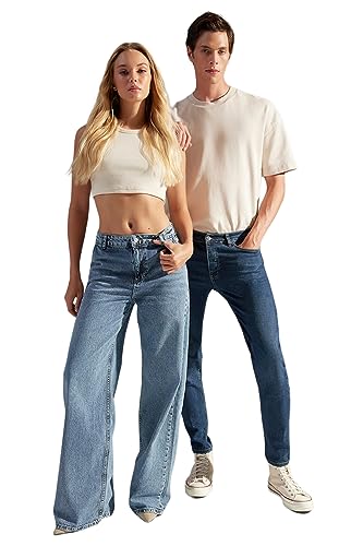 TRENDYOL Damen Gerade Weites Bein Hohe Taille Jeans, Blau, 40 TRENDYOL Damen Gerade Weites Bein Hohe Taille Jeans, Blau, 40 von TRENDYOL