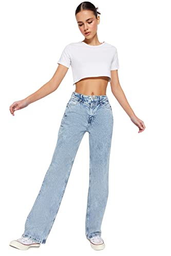 TRENDYOL Damen Taille Detaillierte Hohe 90er Jahre Breite Beinjeans Jeans, Blau, 42 EU von TRENDYOL