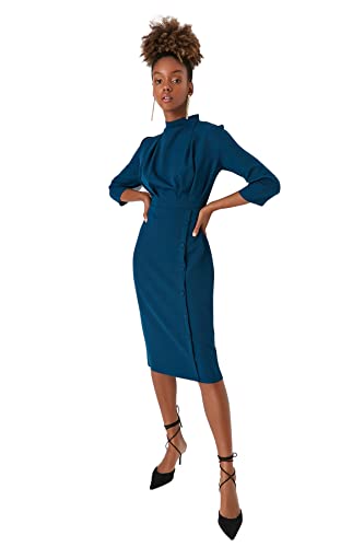 TRENDYOL Damen Woman Mini Bodycon Asymmetrischer Kragen Gestrickt Größen Kleid, Öl, 38 von TRENDYOL