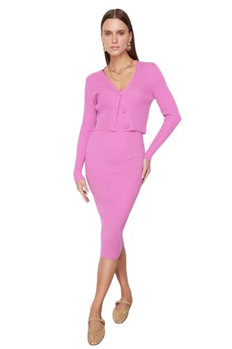 TRENDYOL Damen Trendyol Woman Maxi Bodycon V-neck Knitwear Dress, Rosa, L EU von TRENDYOL