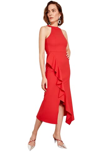 Trendyol Women's Volan detailliertes Kleid Dress, Pomegranate Blossom, 36 von TRENDYOL