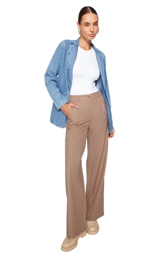 Trendyol Damen Gerade Weites Bein Normale Taille Hose Pants, Light Brown, 40 EU von TRENDYOL