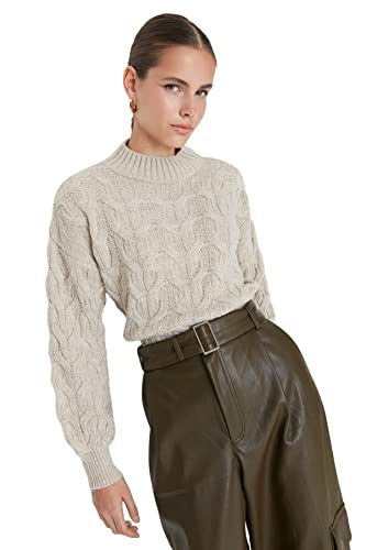 TRENDYOL Damen Regular Fit Basic Stehkragen Strickpullover Sweatshirt, Stein, M von TRENDYOL