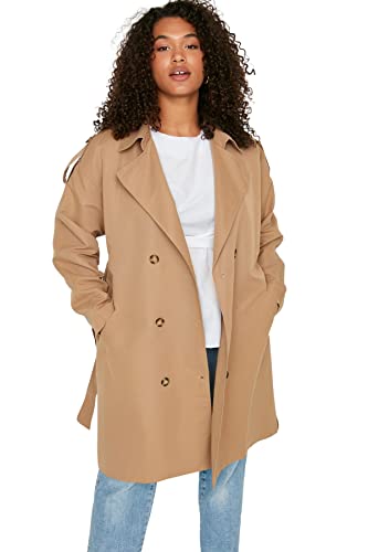 TRENDYOL Damen Trendyol Damen Große Größen Wickelform Zweireihig Plain Webstoff Große Größen in Trenchcoat Coat, Camelfarben, 42 EU von TRENDYOL