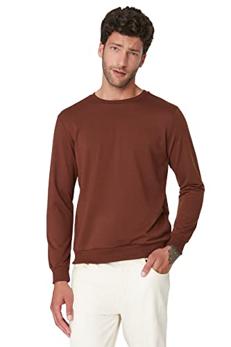 Trendyol Herren Basic Regular Standard Crew Neck Woven Braun Sweatshirt, Large von TRENDYOL